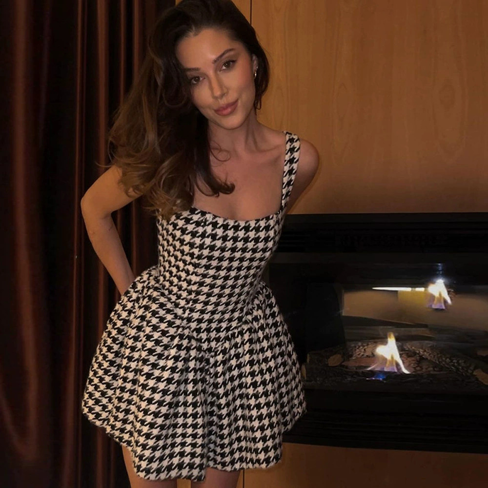 ZARA Summer Fashion Houndstooth Sleeveless Spaghetti Strap Dress Elegant
